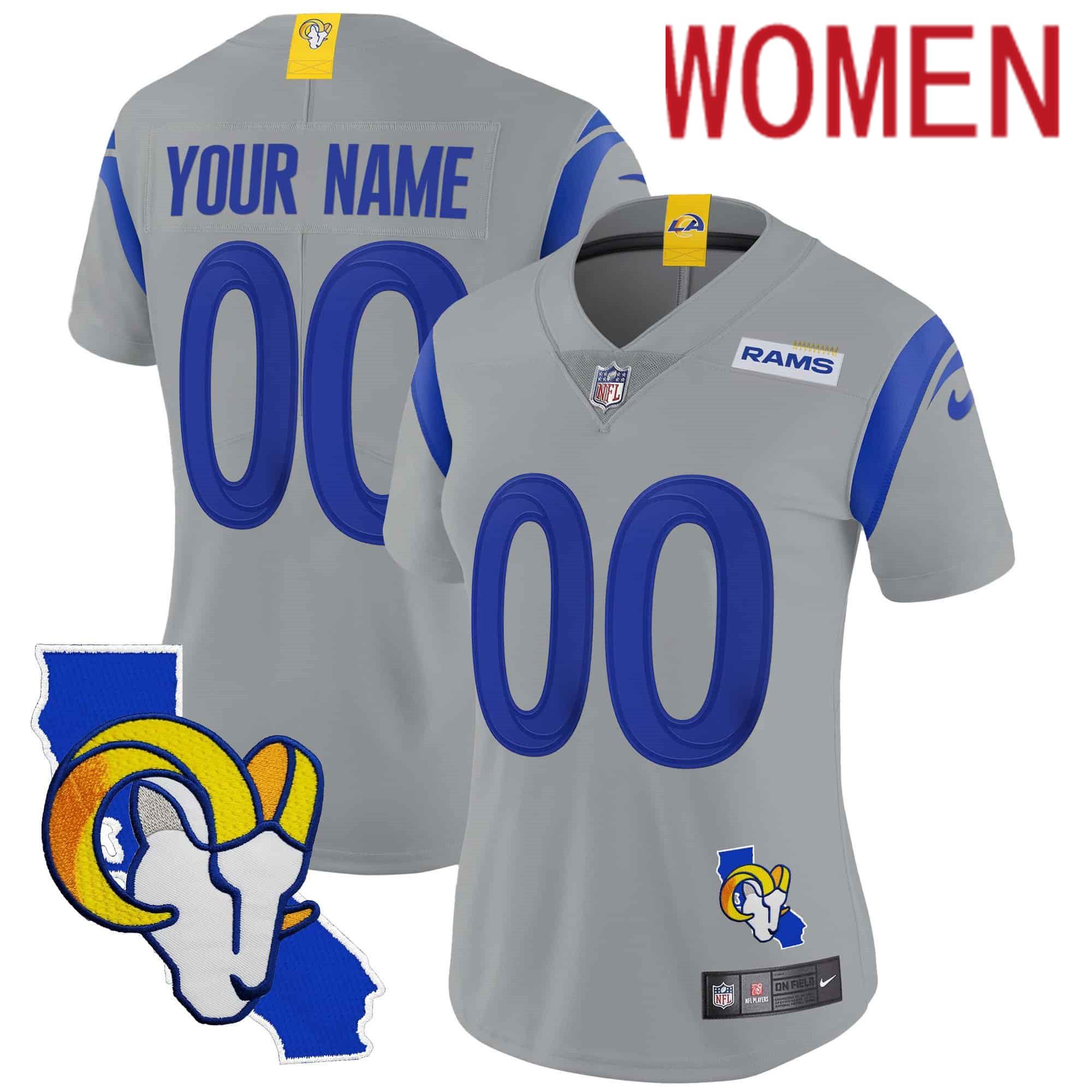 Women Los Angeles Rams Grey 2024 Nike Patch Vapor Limited Custom NFL Jersey->customized nfl jersey->Custom Jersey